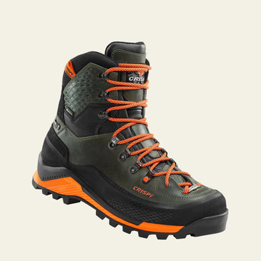 Hiking boot with orange laces and sole on a white background