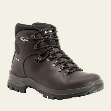 Brown hiking boot with visible Grisport branding on a white background
