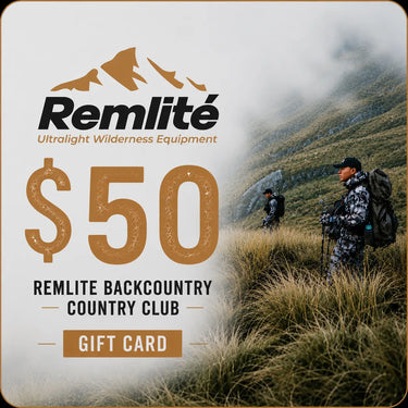 Remlite Backcountry Country Club $50 gift card featuring New Zealand backcountry hunters and ultralight wilderness equipment. Perfect gift for hunters and outdoor enthusiasts.
