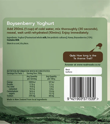 Boysenberry yoghurt freeze-dried meal label for New Zealand ultralight hiking backpack