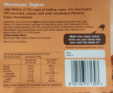 Freeze-dried meal nutritional label, Moroccan Tagine, New Zealand tramping, hiking food info